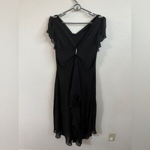 S.L. Fashions Black Asymmetrical Dress with Shoulder Jewel Embellishments